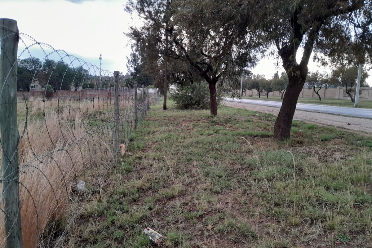 A view of the property boundary featuring a wire fence with barbed wire topping, mature trees, and adjacent road access.