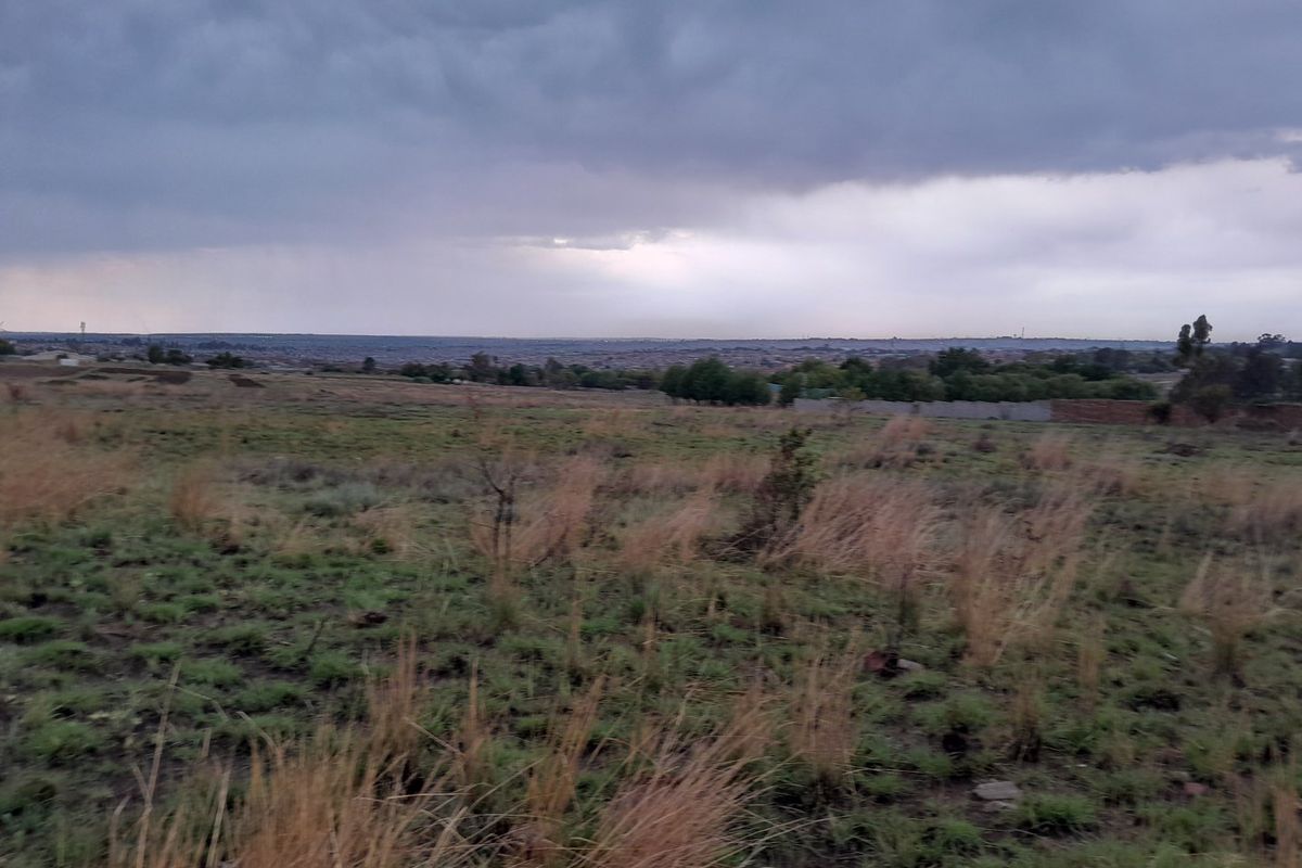 A wide-angle view of an expansive, undeveloped residential plot featuring natural grassland under a cloudy sky.