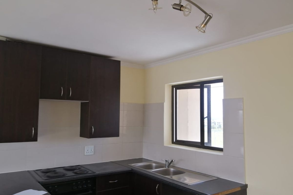 A functional kitchen featuring dark wood cabinetry, laminate countertops, a stainless steel double sink, and built-in electric cooking appliances with tiled splashbacks.