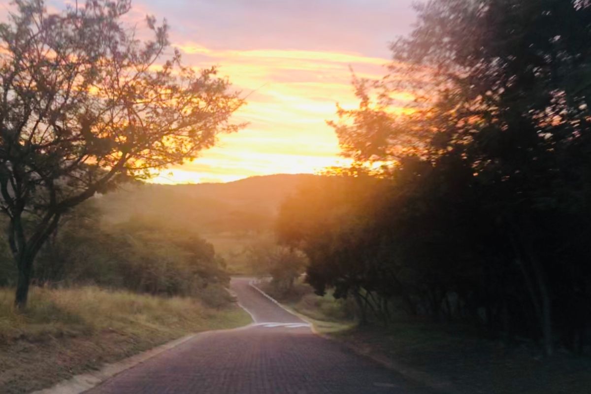 A scenic view of a paved road winding through a natural landscape at sunset, showcasing the property's approach and surroundings.