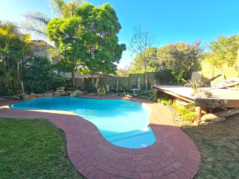 A private backyard featuring a swimming pool with brick coping, a raised timber deck, and established garden landscaping with boundary fencing.