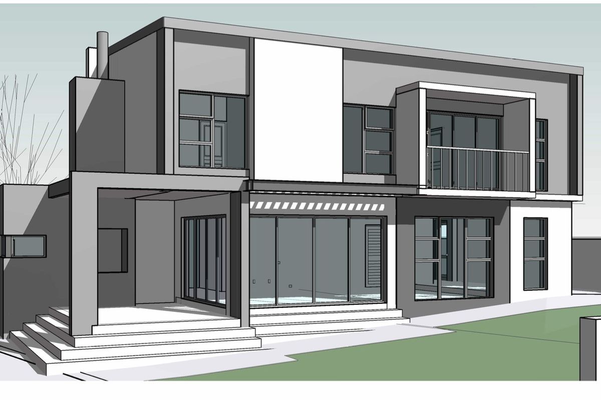 A 3D architectural rendering of a modern two-story home featuring a rear patio, balcony, and large sliding glass doors.