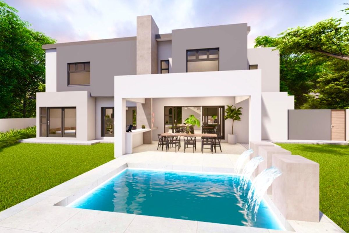 Modern rear elevation featuring a covered patio with built-in braai, overlooking a swimming pool with a water feature and landscaped garden.