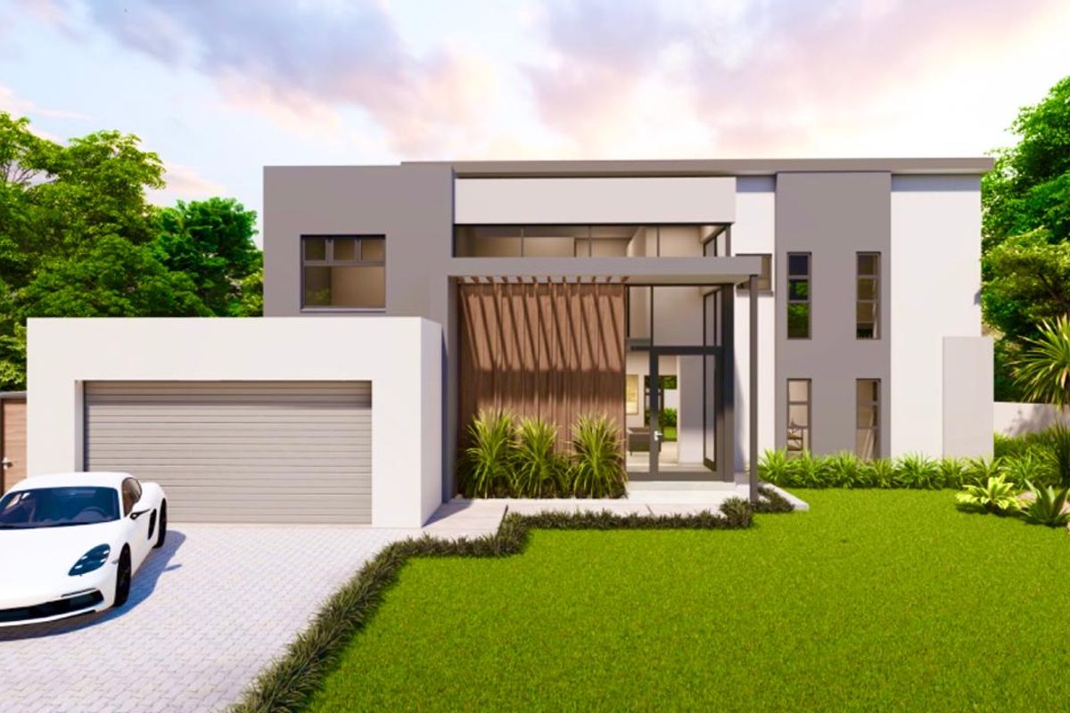 A modern architectural front elevation featuring a double garage, timber slat accents, and a landscaped garden.