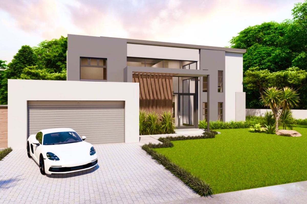 Modern architectural front elevation featuring a double garage, paved driveway, and striking timber slat detailing at the main entrance.