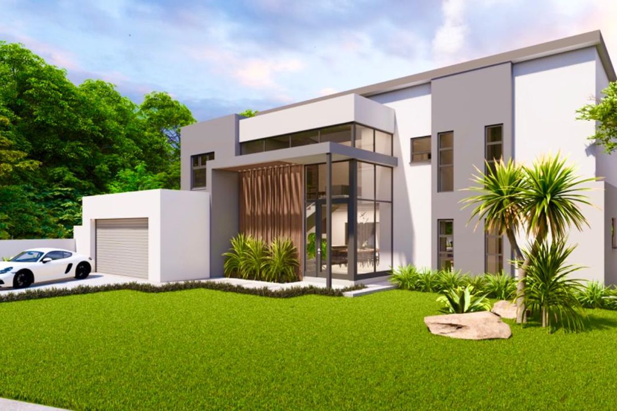 Modern double-storey residential facade featuring large glass windows, a timber slat screen, and an integrated garage, set within a landscaped garden.