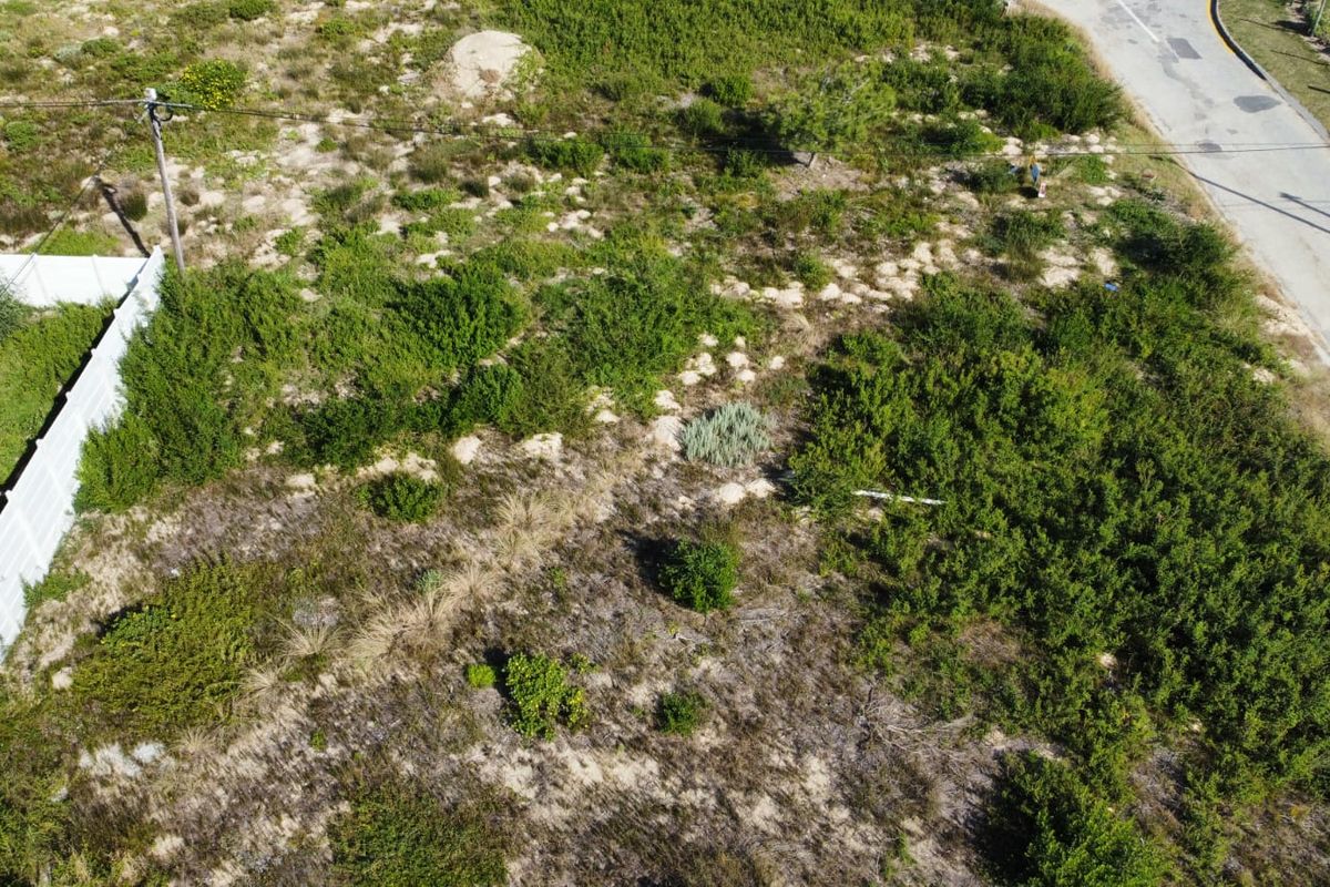 Aerial view of a vacant residential plot featuring natural vegetation, boundary fencing, and adjacent street access.
