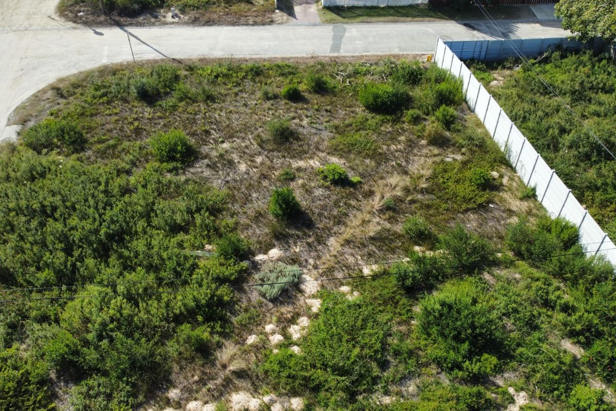 Aerial view of a vacant residential plot featuring natural vegetation, perimeter fencing, and direct access to a paved street.