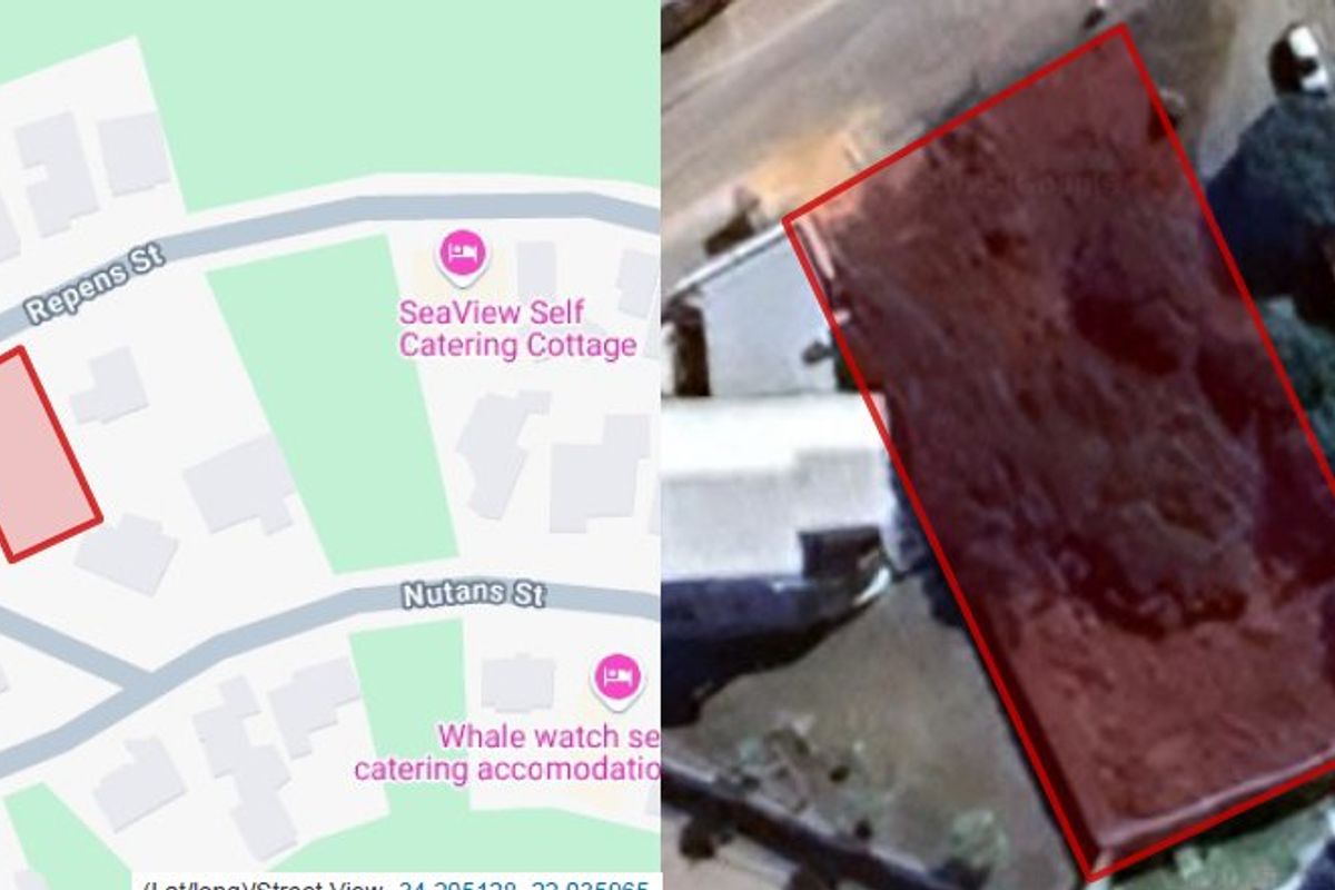 An aerial view and map location highlighting the vacant residential land plot situated between existing properties.