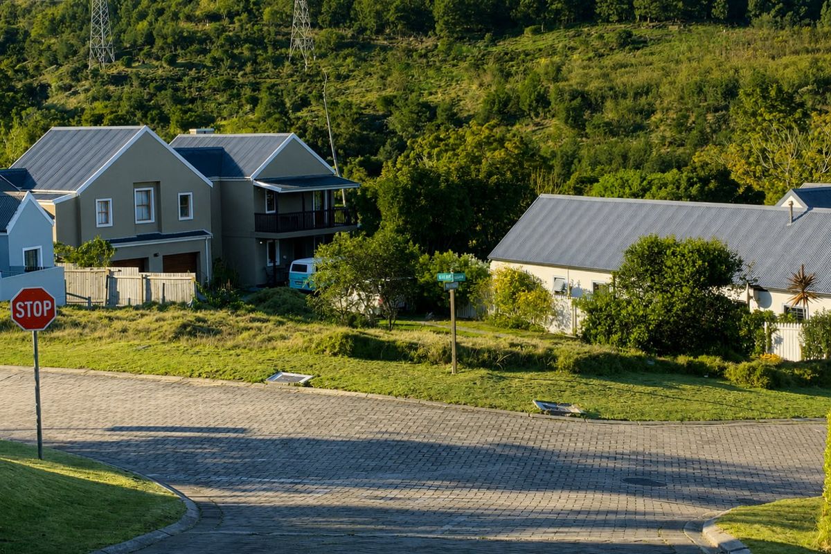 A street-level view of a residential neighbourhood featuring paved roads, established homes with metal roofing, and surrounding green landscape.