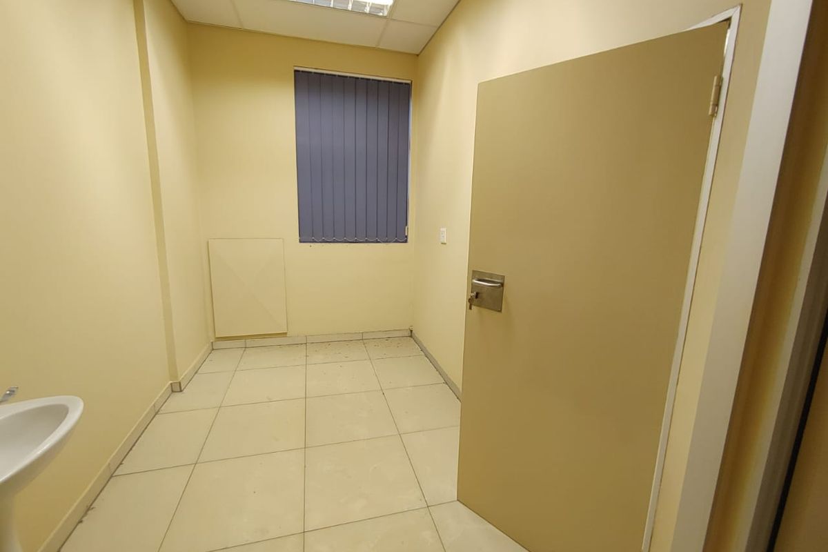 A vacant commercial office space featuring tiled flooring, a pedestal sink, and a drop ceiling with integrated lighting.