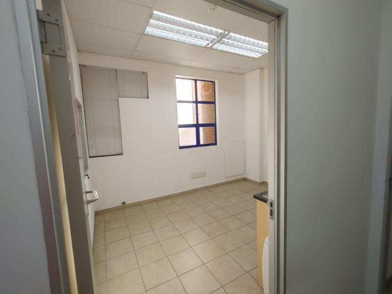 A vacant commercial office space featuring tiled flooring, a suspended ceiling with integrated lighting, and a window with fitted venetian blinds.
