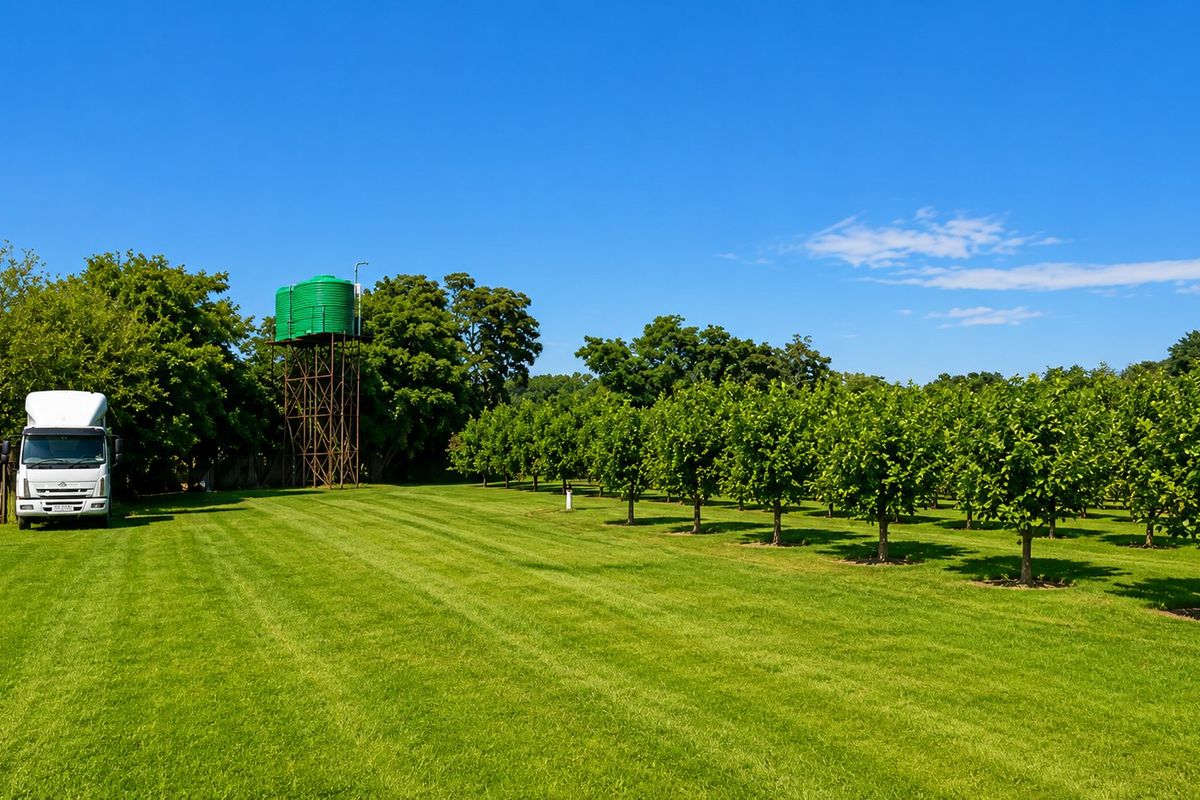 A well-maintained farm garden featuring a neat orchard and a raised water storage tank on a steel structure.