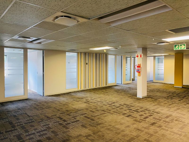 Spacious open-plan commercial office area featuring suspended ceilings, recessed lighting, carpeted flooring, and glass-partitioned private offices.