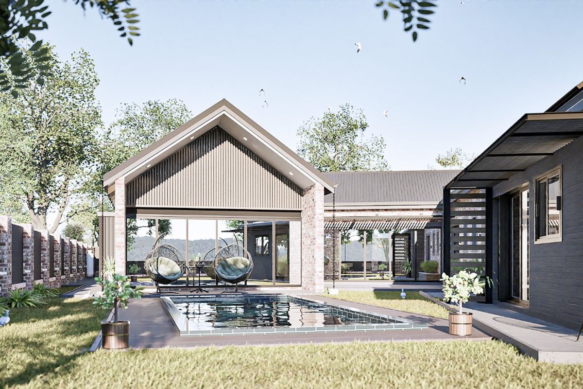 A modern rear exterior view featuring a swimming pool, timber decking, and a covered patio area with contemporary brick and metal architectural finishes.