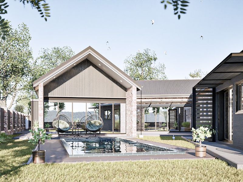 A modern rear exterior view featuring a swimming pool, timber decking, and a covered patio area with contemporary brick and metal architectural finishes.