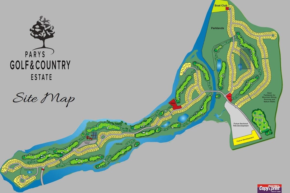 A comprehensive site map of the Parys Golf & Country Estate, illustrating the layout of residential plots, golf course, parklands, and estate amenities.