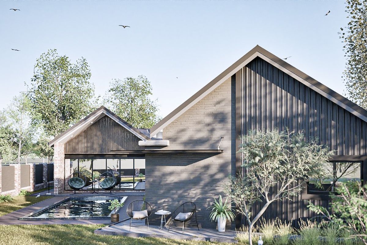 Rear view of a modern residential property featuring a swimming pool, patio area, and contemporary brick and timber facade.