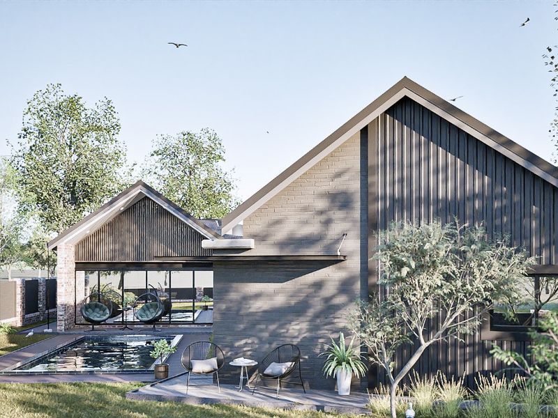 Rear view of a modern residential property featuring a swimming pool, patio area, and contemporary brick and timber facade.