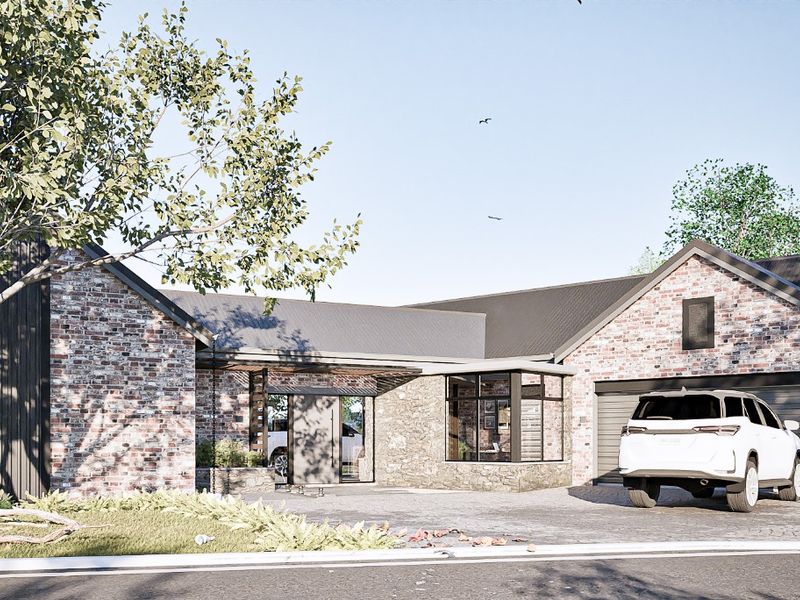 A modern residential front elevation featuring a combination of brick and stone cladding, a metal roof, and an integrated double garage.