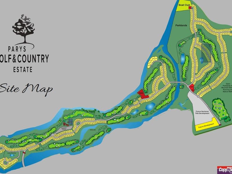 A comprehensive site map of the Parys Golf & Country Estate, illustrating the layout of residential plots, golf course, parklands, and estate amenities.