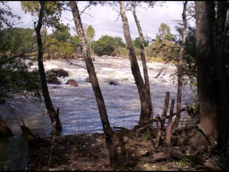 A scenic view of a flowing river with natural rocky features and surrounding mature trees, highlighting the property's natural landscape.