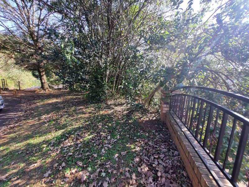 A view of a residential garden area featuring mature trees, a brick boundary wall, and a wrought iron fence.