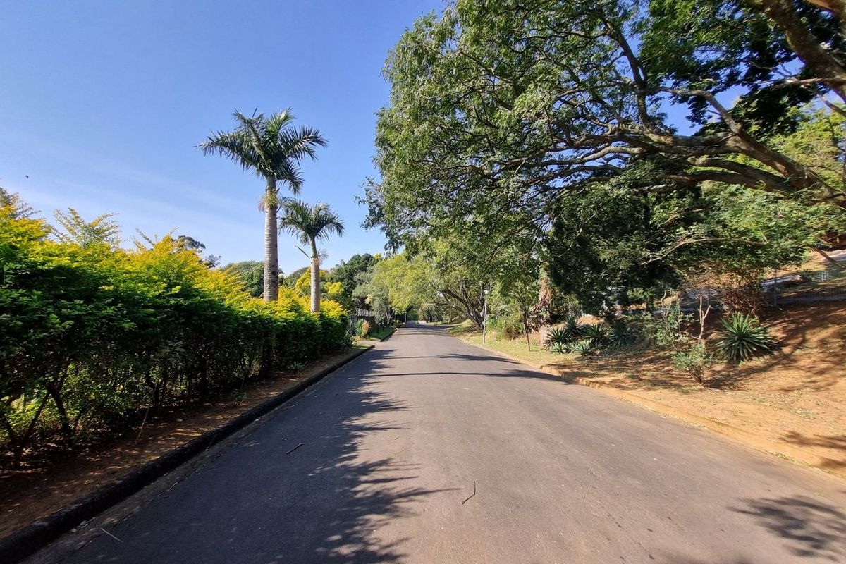 A view of a paved residential street lined with mature trees and established landscaping, showcasing the approach to the property.