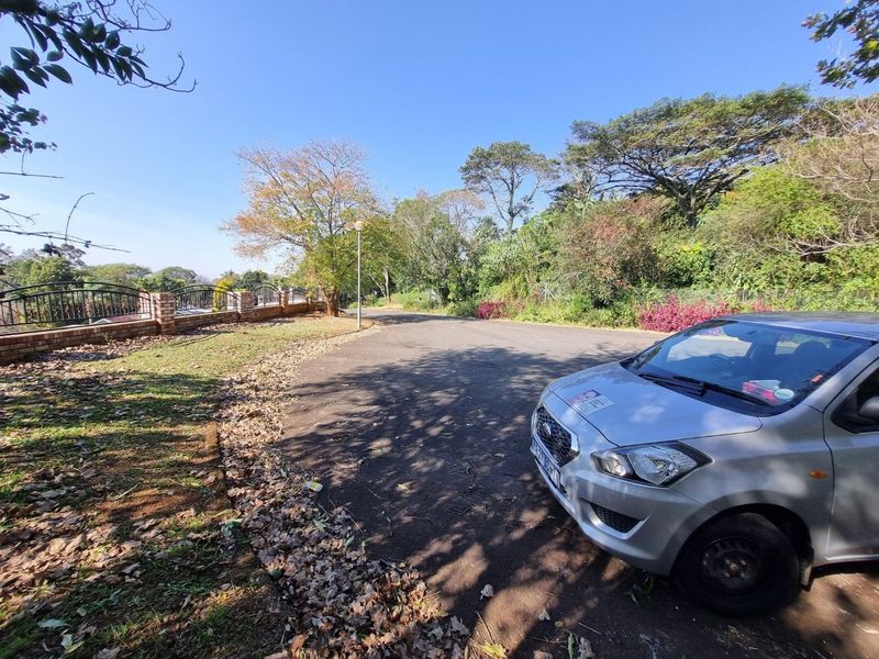 A view of the property entrance featuring an asphalt driveway, brick boundary wall with wrought iron fencing, and established surrounding trees.