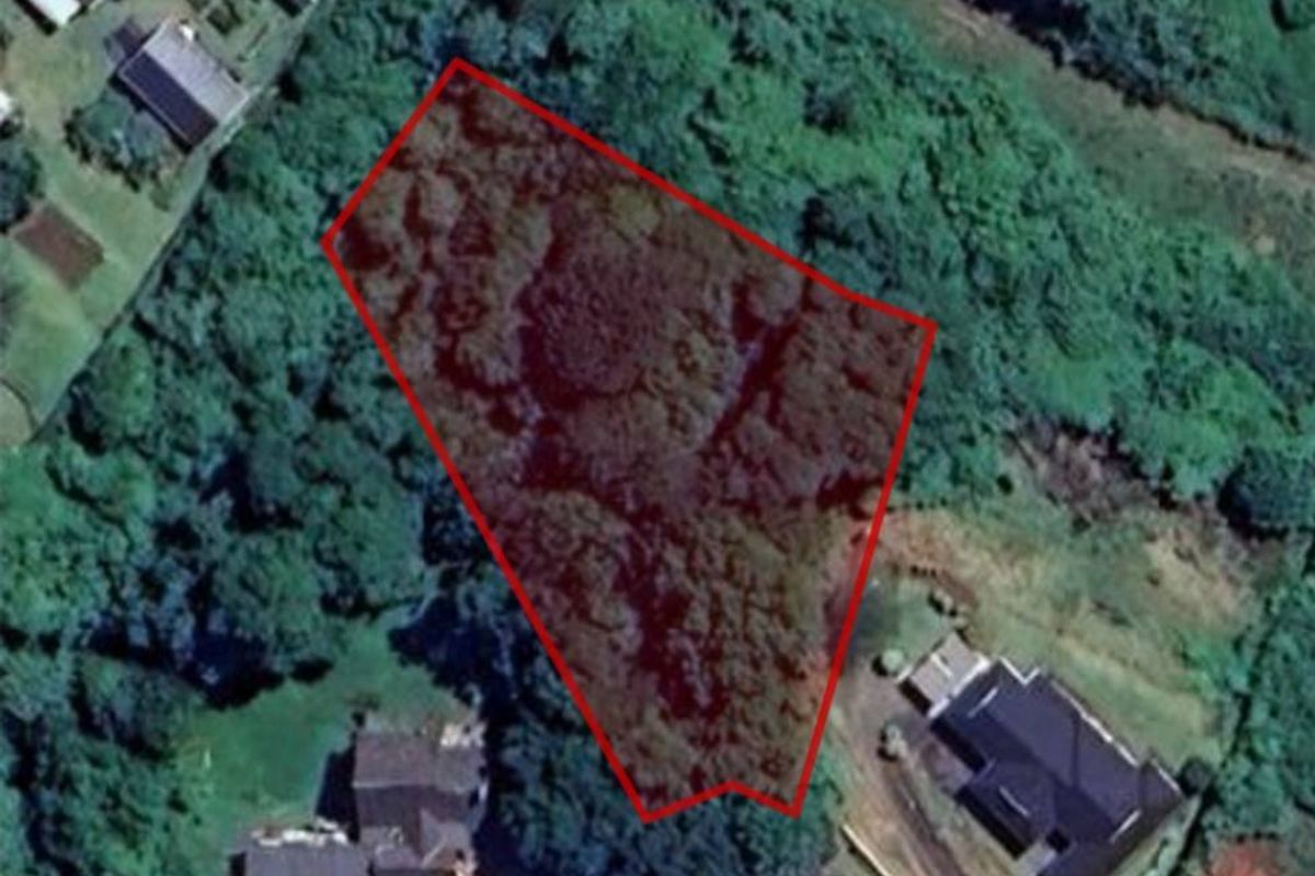An aerial view of a vacant residential plot highlighted with a red boundary, surrounded by established residential properties and dense vegetation.