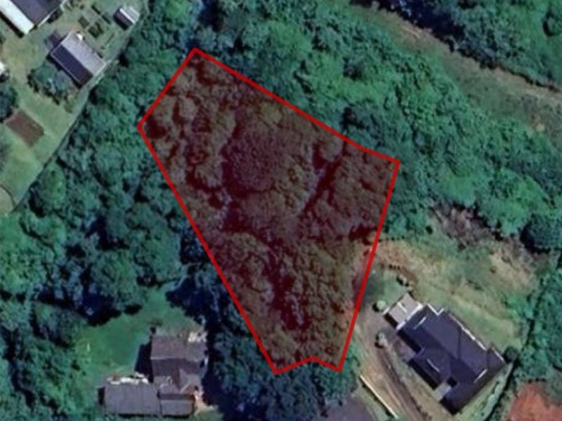 An aerial view of a vacant residential plot highlighted with a red boundary, surrounded by established residential properties and dense vegetation.
