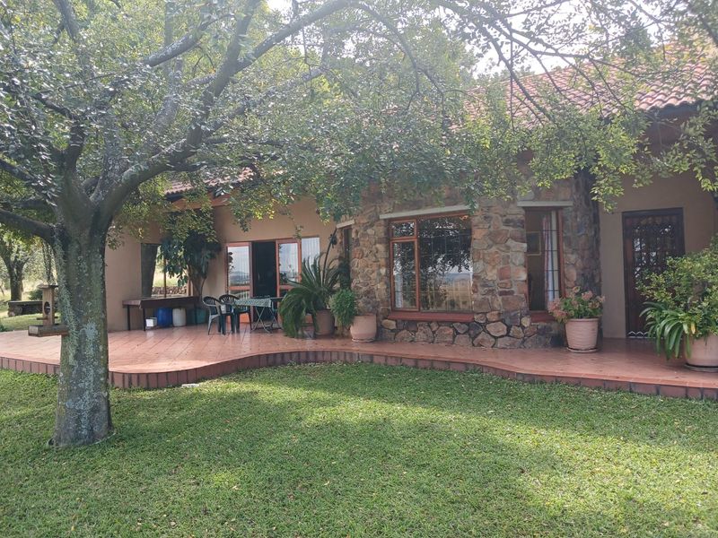 A covered patio area featuring stone cladding, tiled flooring, and timber window frames, overlooking a well-maintained garden with mature trees.