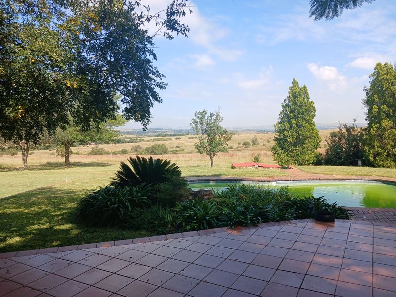 A scenic view of the farm landscape featuring a tiled patio, a swimming pool, and expansive green grounds.