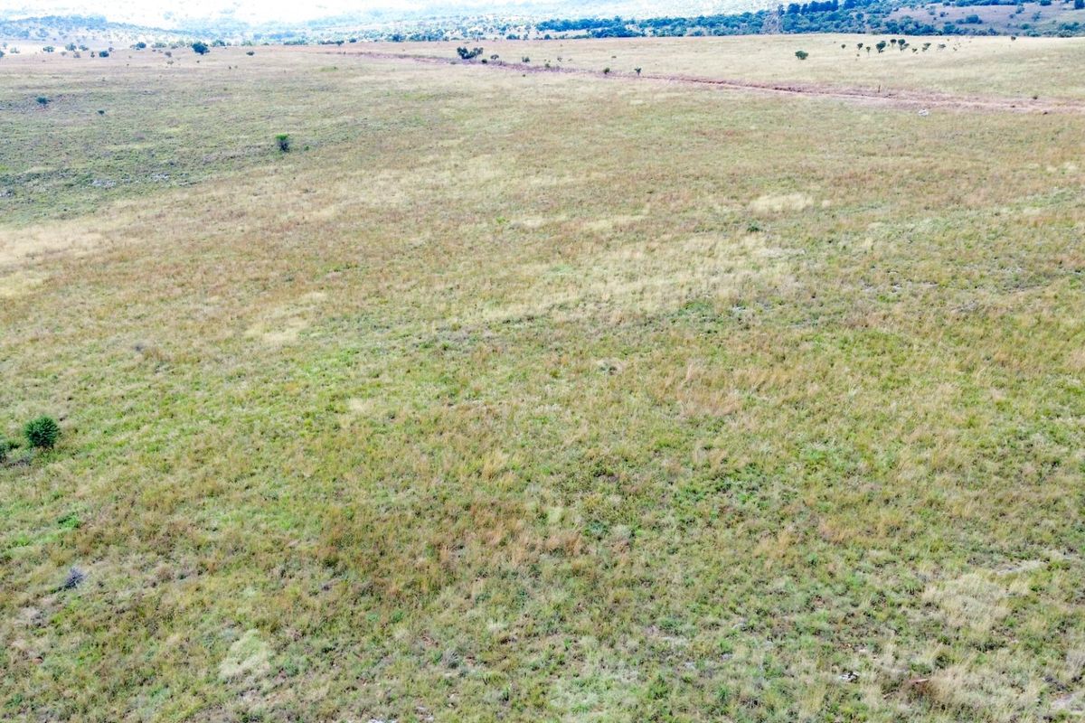 An aerial view of expansive, open grassland terrain typical of a large farm property.