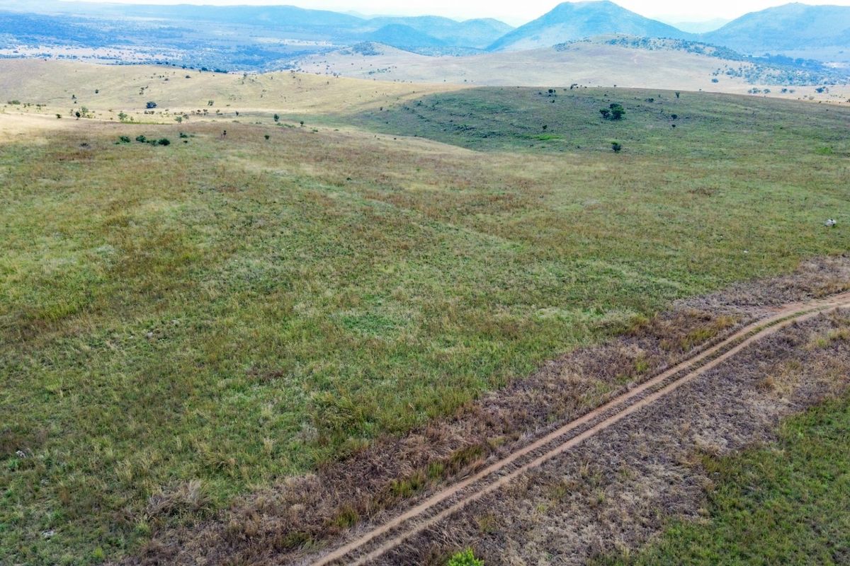 An aerial view of expansive open grassland and rolling hills, featuring a dirt track traversing the landscape.