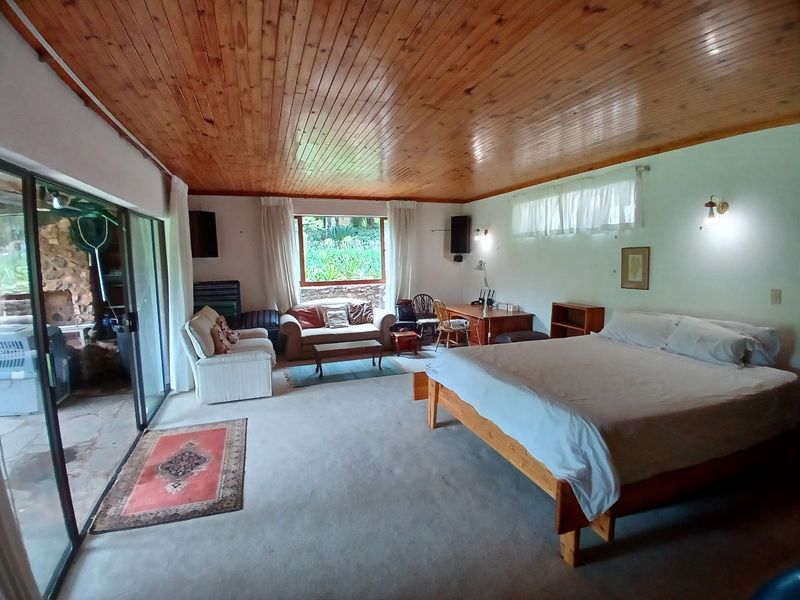 Spacious bedroom featuring a warm timber-paneled ceiling, neutral carpeting, and large sliding glass doors providing direct access to the outdoor patio area.