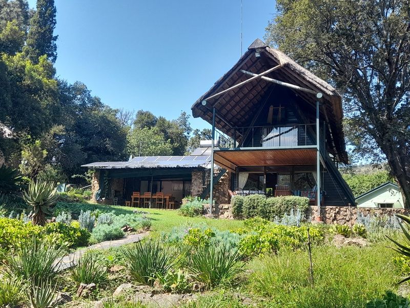 A rustic farm-style dwelling featuring a thatched roof, stone exterior cladding, solar panels, and a spacious covered patio overlooking a landscaped garden.