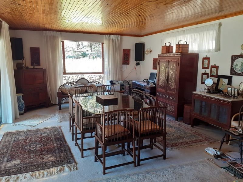 A spacious dining room featuring a warm timber tongue and groove ceiling and a large picture window providing natural light and garden views.