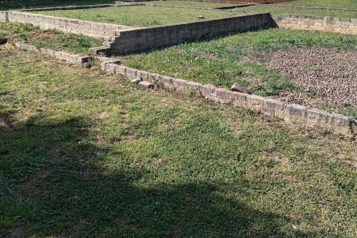 A residential garden area featuring tiered lawn sections, a boundary wall, and a low brick retaining wall structure.