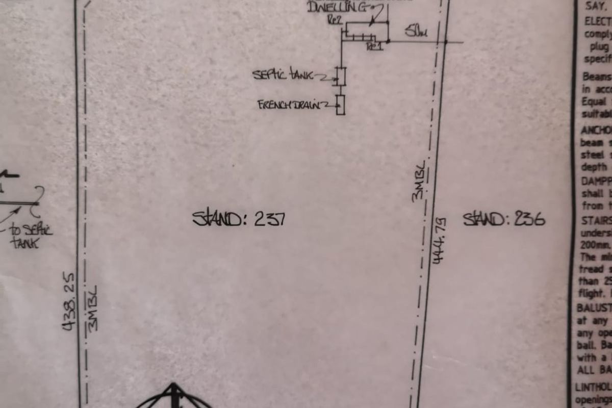 A site plan for stand 237 showing the proposed position of a new dwelling, septic tank, and french drain system.