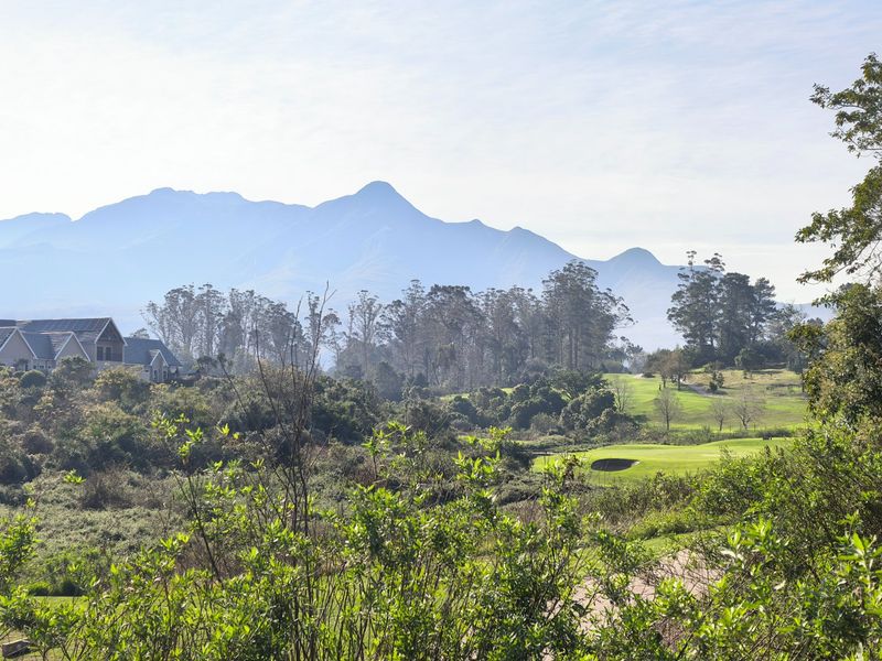A scenic view overlooking a golf course with lush greenery and a prominent mountain range in the background.