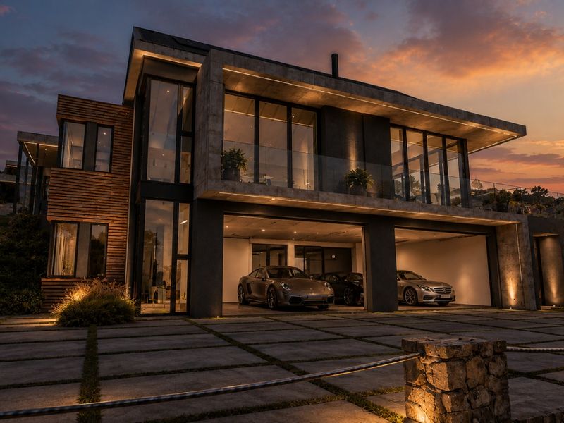 Modern architectural residence featuring concrete and timber facade, expansive glass windows, integrated garage, and landscaped stone driveway at dusk.