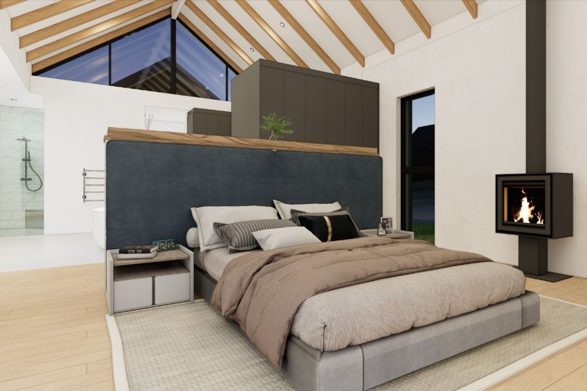 Spacious modern bedroom featuring a vaulted ceiling with exposed rafters, a sleek freestanding fireplace, and an integrated open-plan en-suite bathroom.