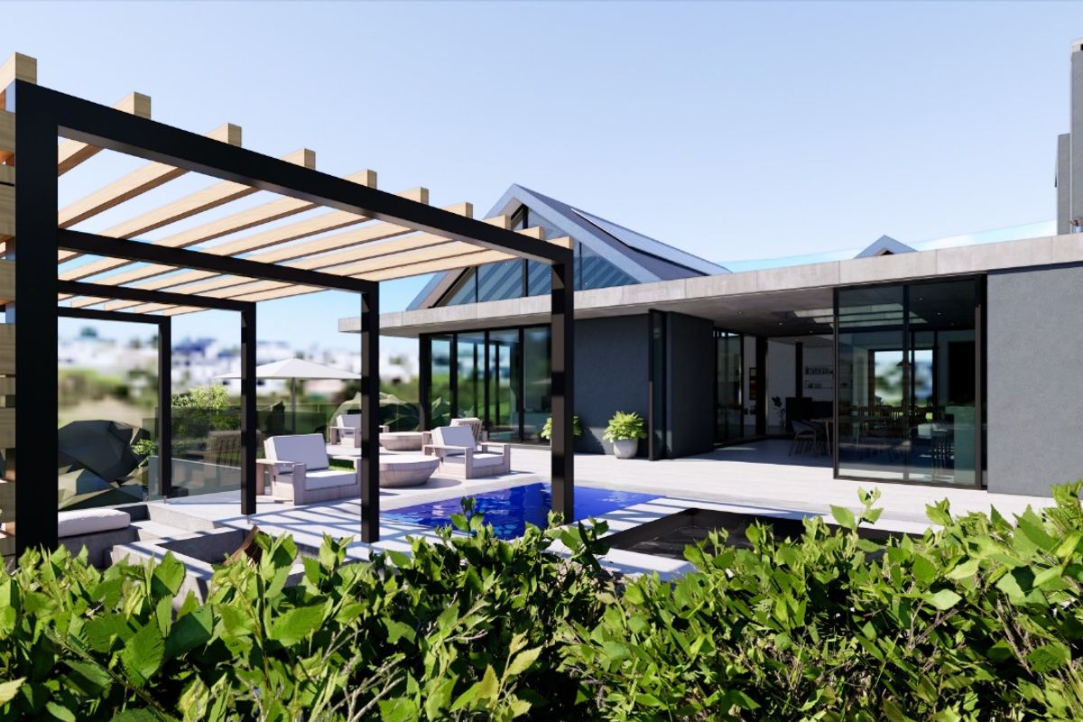 Modern outdoor living area featuring a swimming pool, timber pergola, and seamless indoor-outdoor flow through large sliding glass doors.