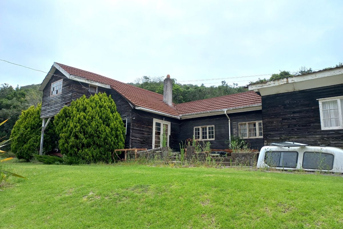 Rear view of a weathered timber-clad residence featuring a tiled roof, chimney, and an overgrown concrete patio area requiring significant maintenance and restoration.