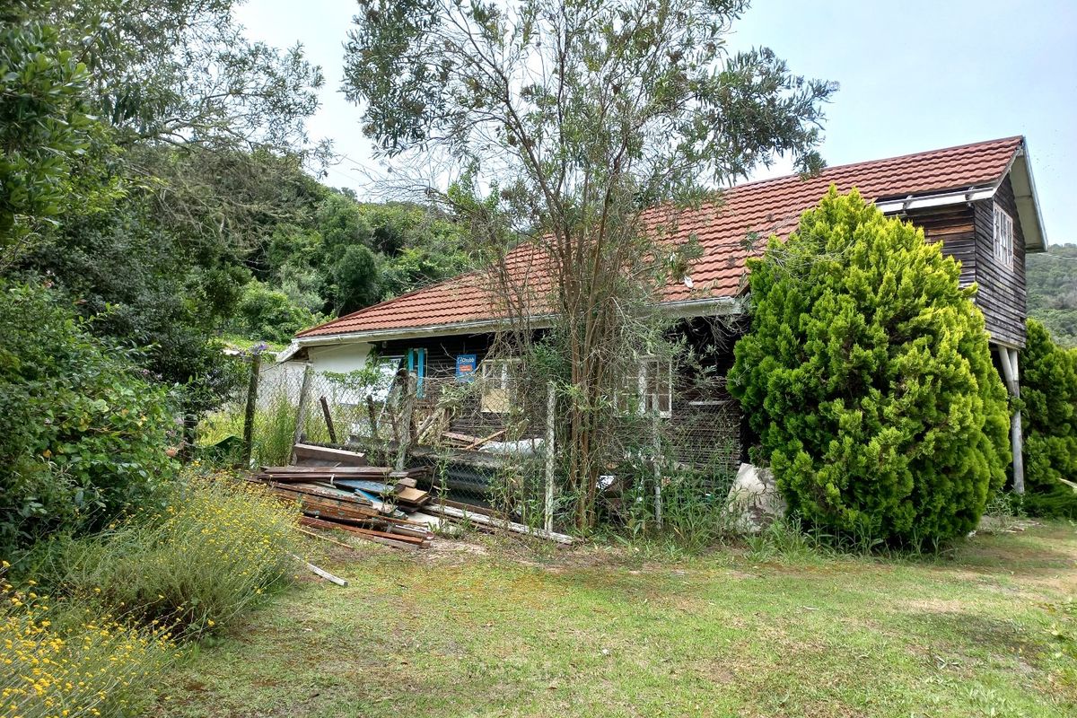 Rear view of a residential property featuring timber cladding and a tiled roof, surrounded by overgrown garden areas and accumulated debris.