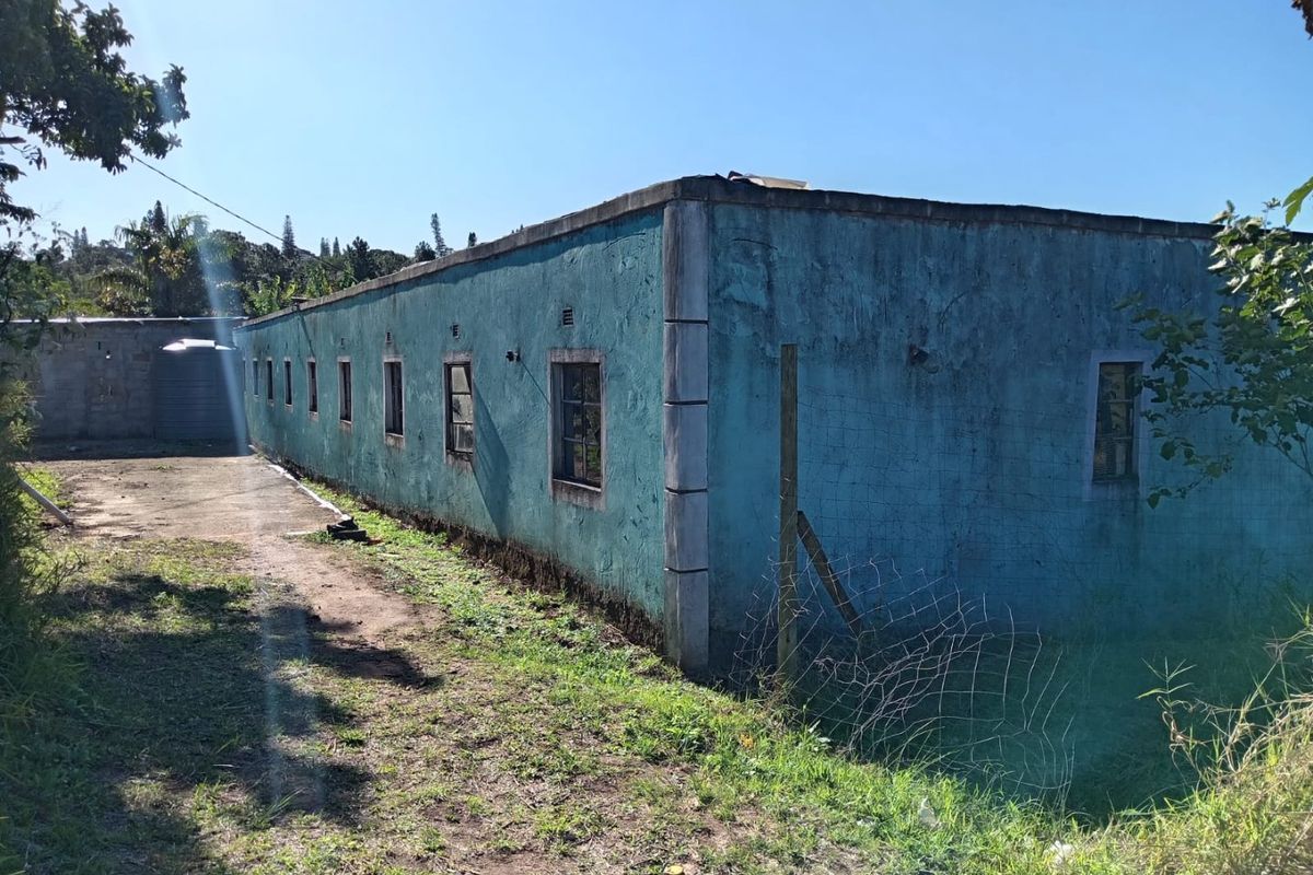 Rear exterior view of the apartment building showing weathered blue painted walls, metal window frames, and a concrete apron area.