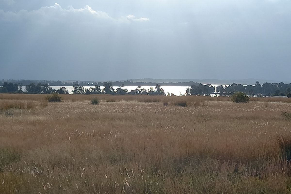 A scenic view of open, undeveloped land with a distant water feature under a cloudy sky.