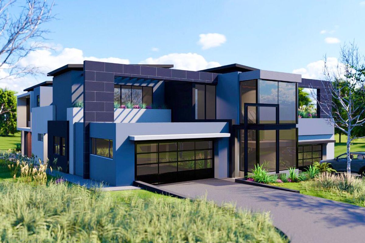 A modern architectural house design featuring a double garage, large glass windows, and a contemporary tiled facade.