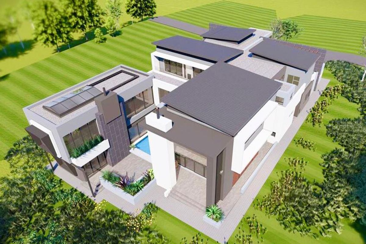 An aerial perspective of a modern architectural house design featuring a swimming pool, flat roof sections, and landscaped outdoor areas.